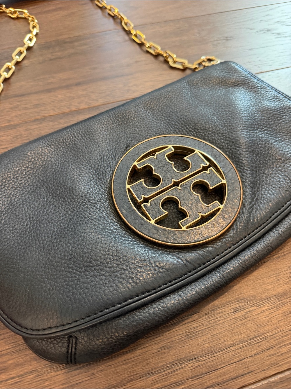 Tory Burch Black Leather Crossbody with Gold-Tone Logo and Chain - C39-182 - Picture 5 of 14